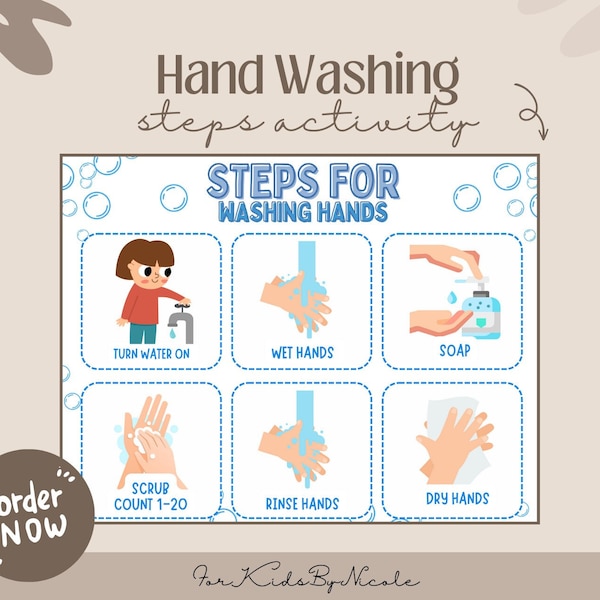 Steps for Washing Hands Activity, Wash Your Hands Steps, Hand Washing Printable Poster For Kids, Washing Hands Worksheet, Activity for Kids