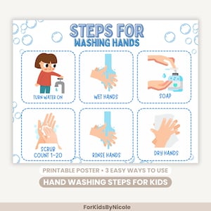 Hand Washing Steps Activity and Poster for Kids | Daycare & Preschool Bathroom Sign | Toddler Hygiene Visual Chart