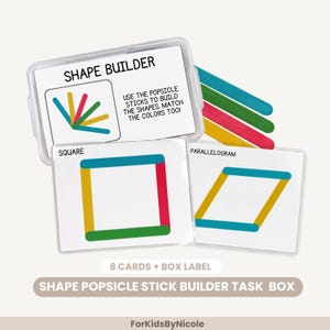 May include: A shape builder task box set featuring 8 cards and a box label. The cards display instructions and shapes like a square and parallelogram to be built with colorful popsicle sticks. The text reads SHAPE BUILDER, SQUARE, PARALLELOGRAM.