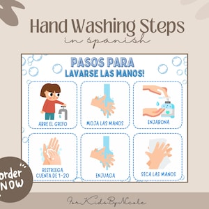 Puede incluir: Un cartel imprimible colorido con ilustraciones que muestran los pasos para lavarse las manos en español. El cartel incluye el texto "Pasos para lavarse las manos!" y los pasos son: "Abre el grifo", "Moja las manos", "Enjabona", "Restriega cuenta de 1-20", "Enjuaga", y "Seca las manos".