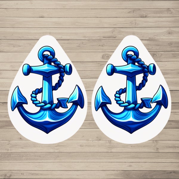 Sublimation Earrings with Anchor Designs in Stunning Blue - Instant Digital Download, Earring Blanks Design, Teardrop Earring PNG, Printable