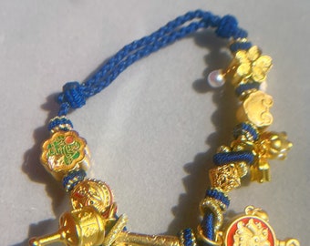 24K Gold vermeil,Color Enamel Six-character Mantra Dharma Wheel, Prayer Wheel, Gold Lock, Lion Head hand-woven Fengshui Bracelet