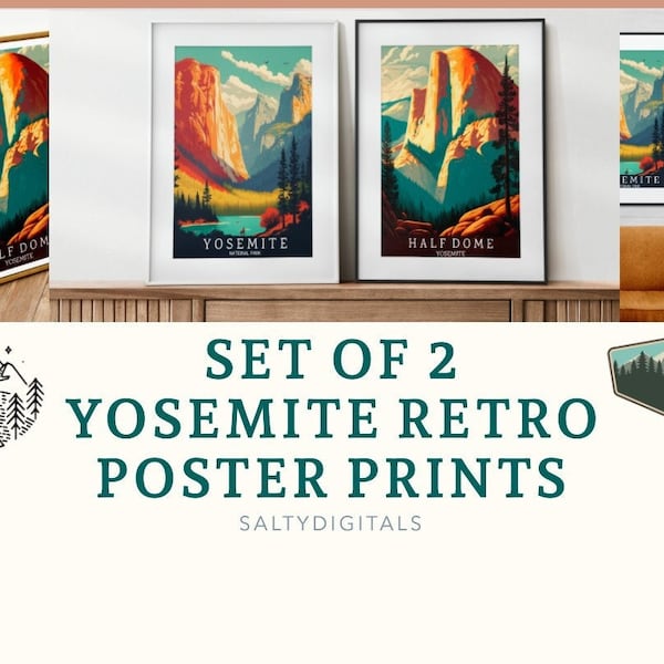 Yosemite Wall Art, Set of 2, Retro Poster Digital Wall Art, Digital Download, California Wall Print, Wall Decor, Yosemite, California, Art