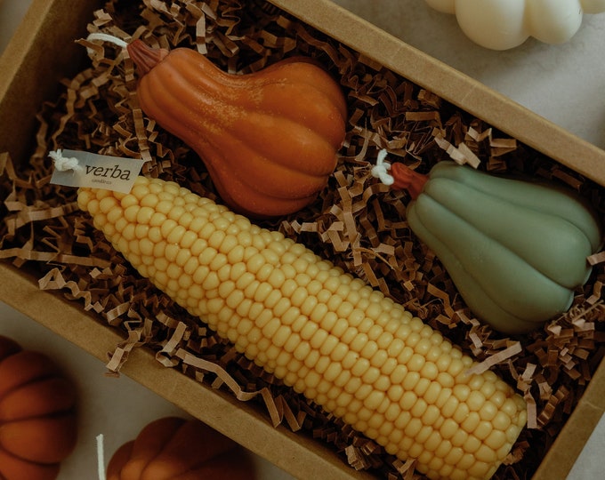Fall farmhouse candle decor, pumpkin candle gift set, Thanksgiving, Corn on the cob + 2 pumpkin candles