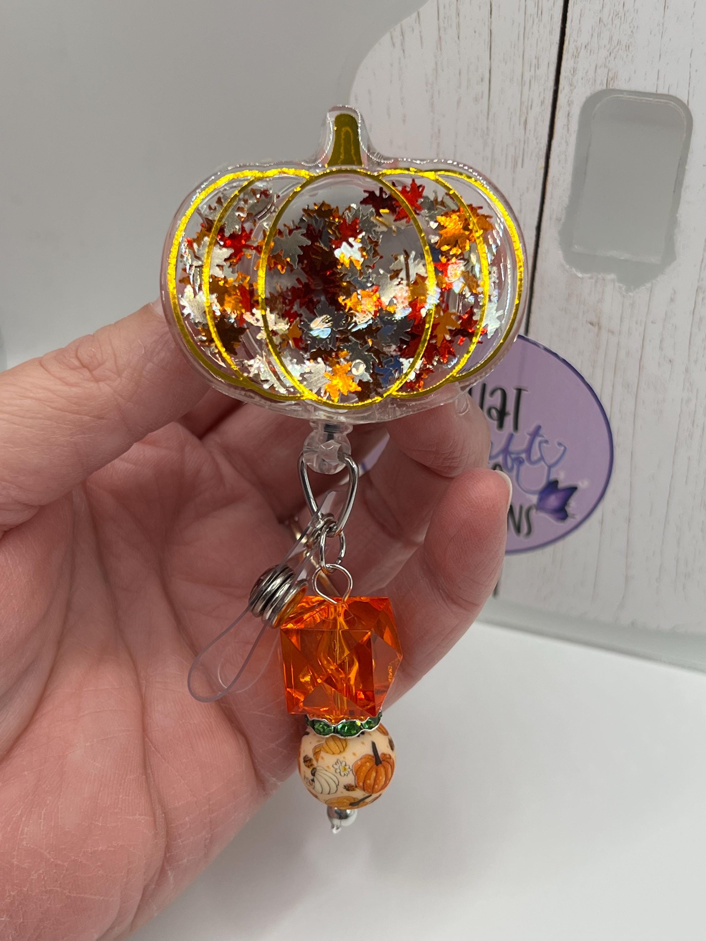 Pumpkin Shaker Badge Reel, gold, custom, Thanksgiving, Fall, glitter nurse accessories, interchangeable nurse/teacher gifts