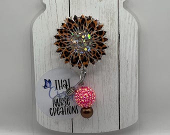 Leopard print Sunflower Badge Reel, Glitter ID Holder, interchangeable nurse/teacher gift