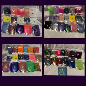 May include: Assortment of glitter in small, clear plastic bags. The glitter comes in a variety of colors, including pink, blue, green, gold, and purple. Each bag is labeled with a number. Small white spoons are included.