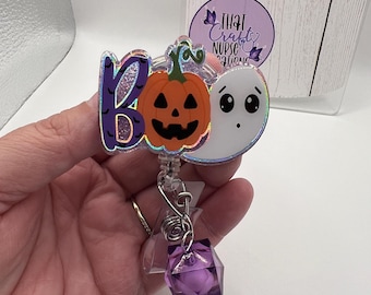 Porta credenciales Boo, espeluznante, Halloween, purpurina morada, accesorios de enfermería, regalos intercambiables para enfermeras/maestras
