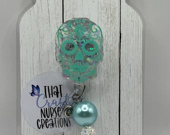 Sugar Skull Badge Reel, custom, Dia de los Muertos, glitter nurse accessories, interchangeable nurse/teacher gifts