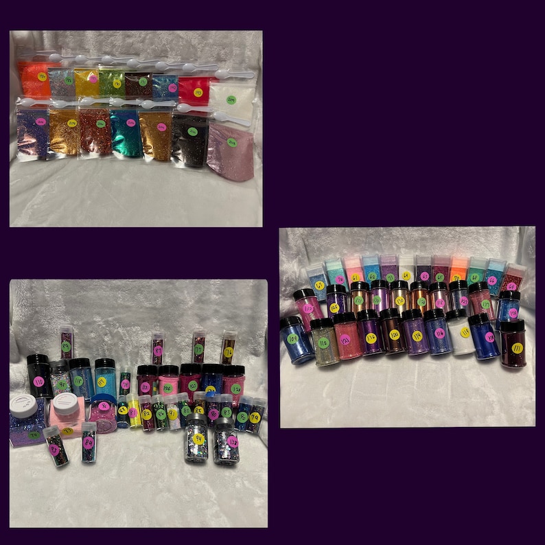 May include: A collection of glitter in various colors and containers. The image shows glitter in small plastic bags, jars, and tubes. Colors include pink, green, blue, gold, and silver. Each container has a label with a number.