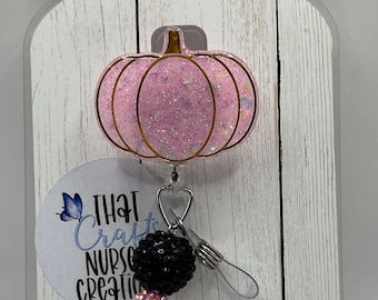 Pink Pumpkin Glitter Badge Reel: Halloween Nurse/teacher Gift, interchangeable