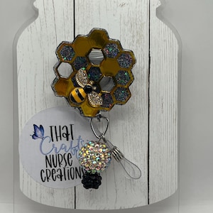 Gold honeycomb bee Badge Reel/honeycomb badge reel/glitter badge reel/summer badge reel/bee badge reel/gifts for nurses/gift for teacher