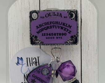 purple Glow in the Dark Ouija Board Badge Reel with planchette, spooky glitter nurse accessories, interchangeable nurse/teacher gift