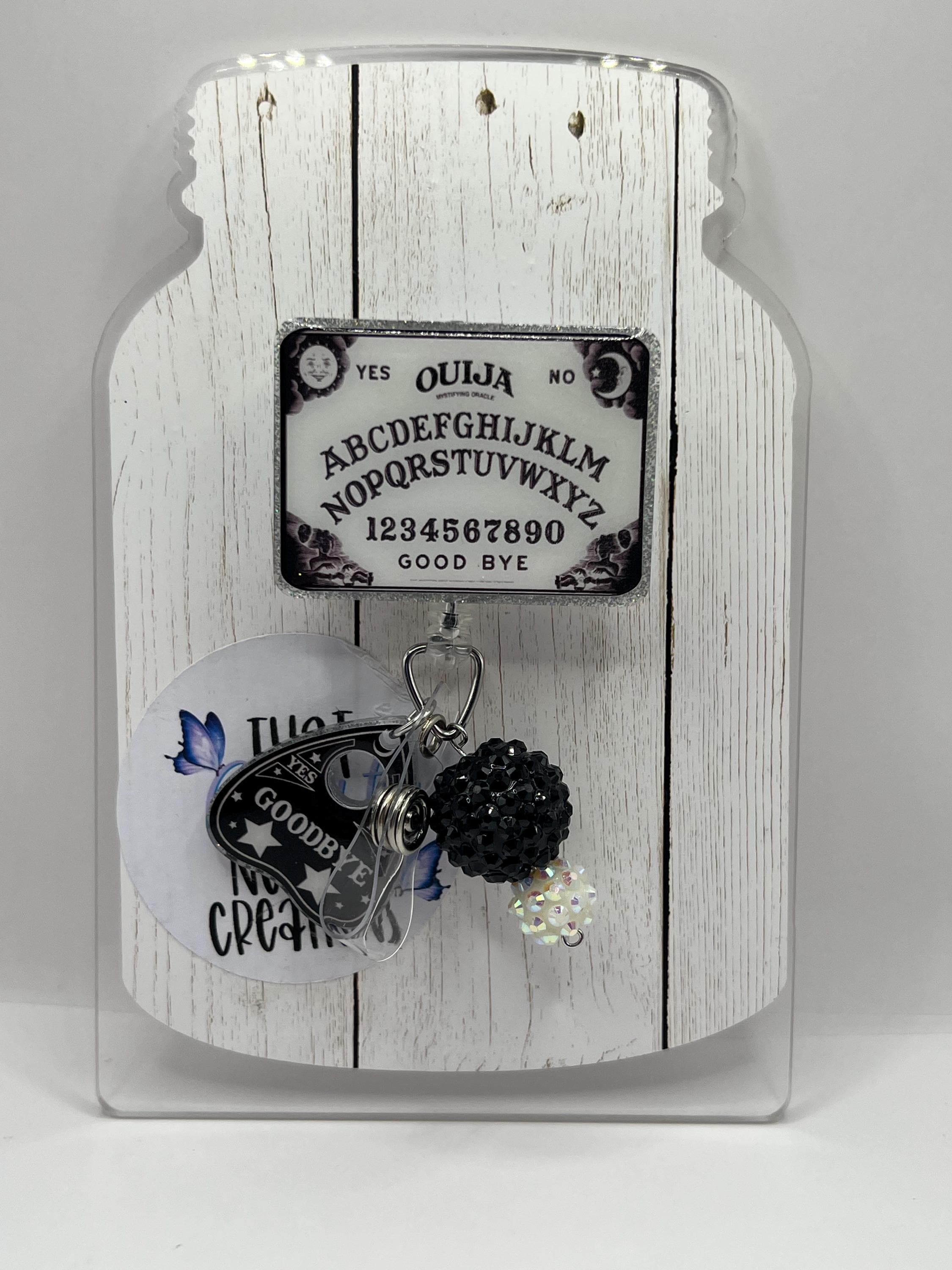 Glow in the dark Ouija board badge reel, Halloween badge reel for nurse, Spirit board name tag holder, Halloween lanyard for teachers