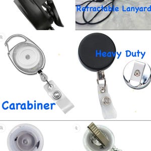May include: Collection of retractable badge reels with various attachment styles. Features include a carabiner clip, belt clip, alligator clip, and a heavy-duty reel. One reel is labeled "MRI Safe". A lanyard with a boat design is also shown.