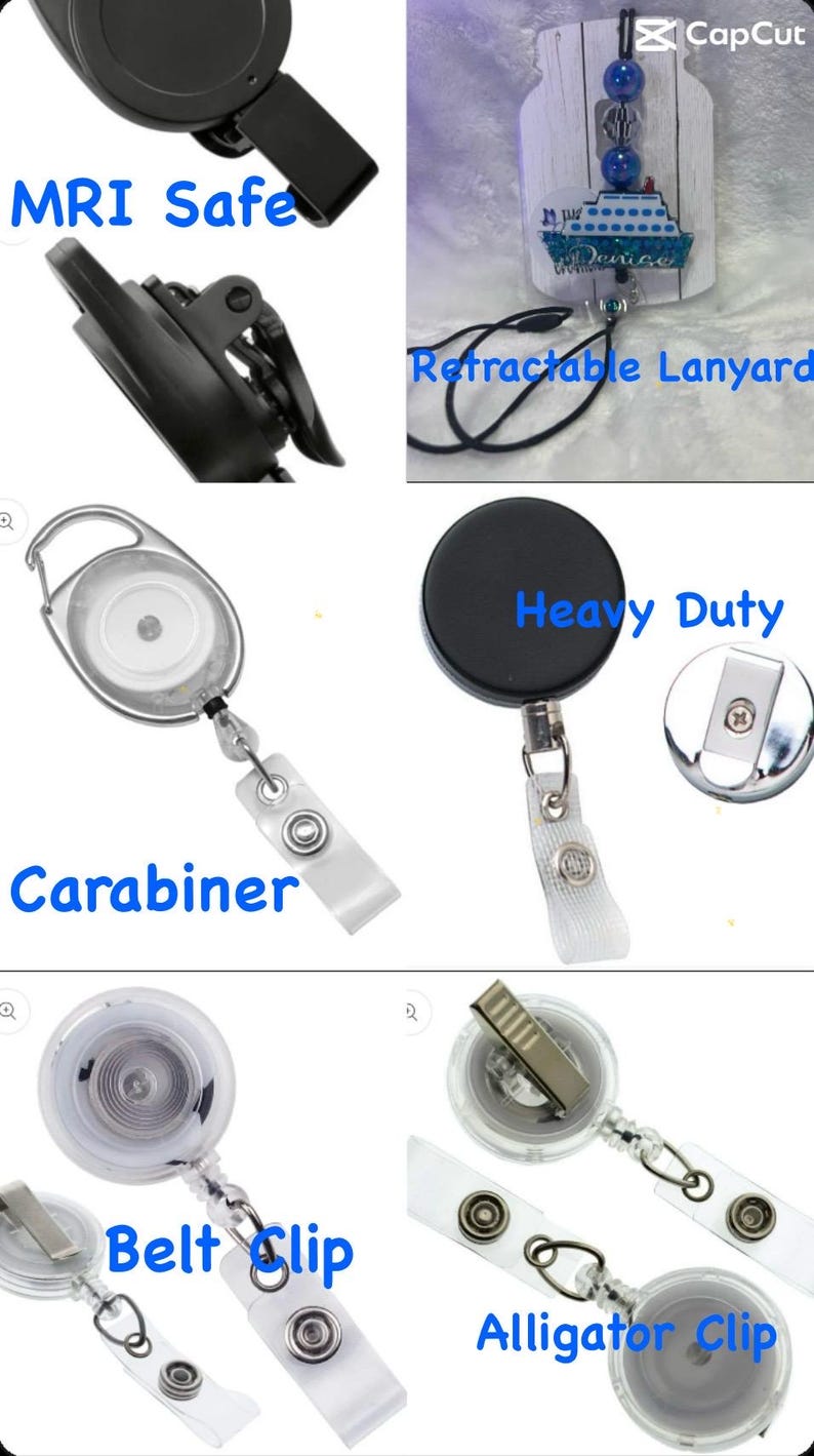 May include: Collection of retractable badge reels with various attachment styles. Features include a carabiner clip, belt clip, alligator clip, and a heavy-duty reel. One reel is labeled "MRI Safe". A lanyard with a boat design is also shown.