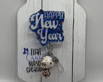 Happy new year badge reel, glitter nurse accessories, interchangeable nurse/teacher gift