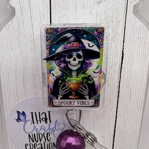 Spooky Vibes Tarot card badge reel for nurses; Halloween Tarot card badge holder; Halloween lanyard for teachers; Halloween gift for nurses