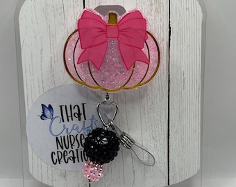 Pink coquette Bow Pumpkin Glitter Badge Reel, Halloween Nurse Accessory, interchangeable
