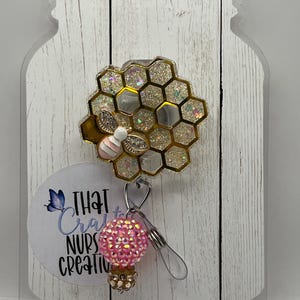 Gold honeycomb with bee Badge Reel for nurse/honeycomb glitter id holder/glitter retractable name tag holder/custom glitter badge reel