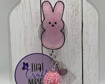 Marshmallow Easter Bunny Badge Reel: Pink Glitter Nurse Accessory, interchangeable nurse/teacher gift