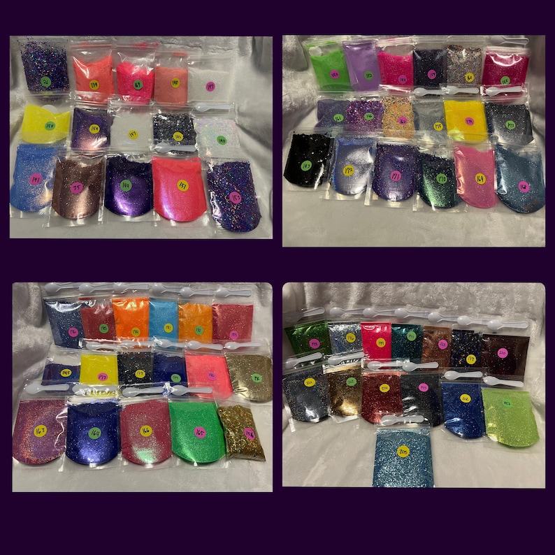 Puede incluir: Surtido de purpurina en bolsas de pl&aacute;stico transparente, cada una etiquetada con un n&uacute;mero. Los colores de la purpurina incluyen rosa, azul, verde, dorado, morado y plateado. Se incluyen peque&ntilde;as cucharas blancas con algunas bolsas.