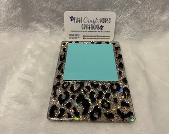 Custom sticky note holder; Custom resin and glitter notepad holder; Leopard print notepad holder; Gift for her; Teacher appreciation gift