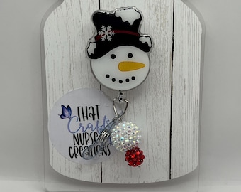 Snowman Badge Reel, Winter Holiday Retractable ID Holder, interchangeable Nurse Badge