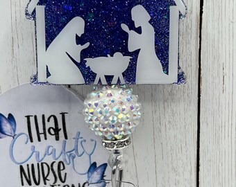 Nativity Scene Badge Reel: Blue Glitter, Christmas Manger, interchangeable nurse/teacher gift