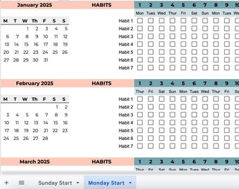 2025 Habit Tracker | Editable Habit Tracker | Google Sheet Habit Tracker with Sunday & Monday Start Days