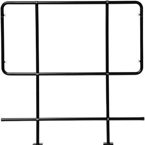 May include: Black metal freestanding gate with two horizontal bars and two vertical supports. The gate has a rectangular shape and is attached to the floor with two black metal bases.