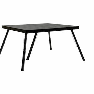 May include: A black folding table with a square top and four legs. The legs are connected to the table top with chains.
