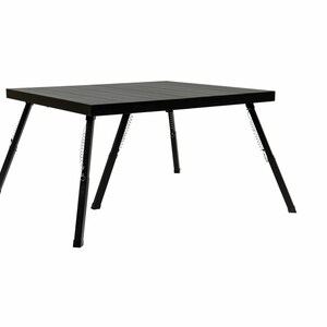 May include: A black folding table with a square top and four legs. The legs are connected to the table top with chains.