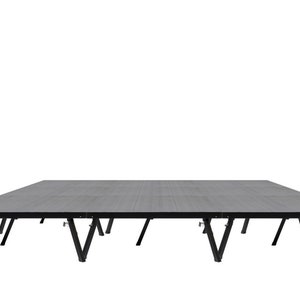 May include: A black stage platform with a gray wooden top and adjustable legs. The platform is made of multiple sections that can be assembled to create a larger stage.