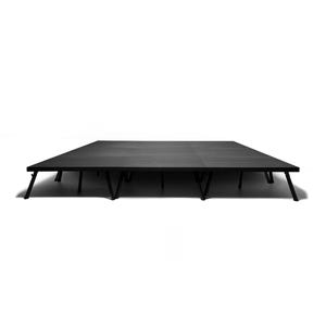 May include: Black stage platform with adjustable legs. The platform is made of sturdy material and is designed for use in a variety of settings.