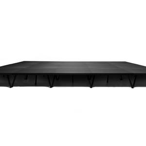 May include: Black stage platform with adjustable legs. The platform is made of sturdy material and is designed for use in a variety of settings.