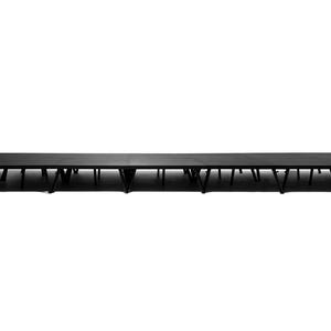 May include: A long, rectangular black stage platform with numerous supporting legs. The stage is elevated and appears to be made of wood or a similar material. The legs are evenly spaced and provide stability.