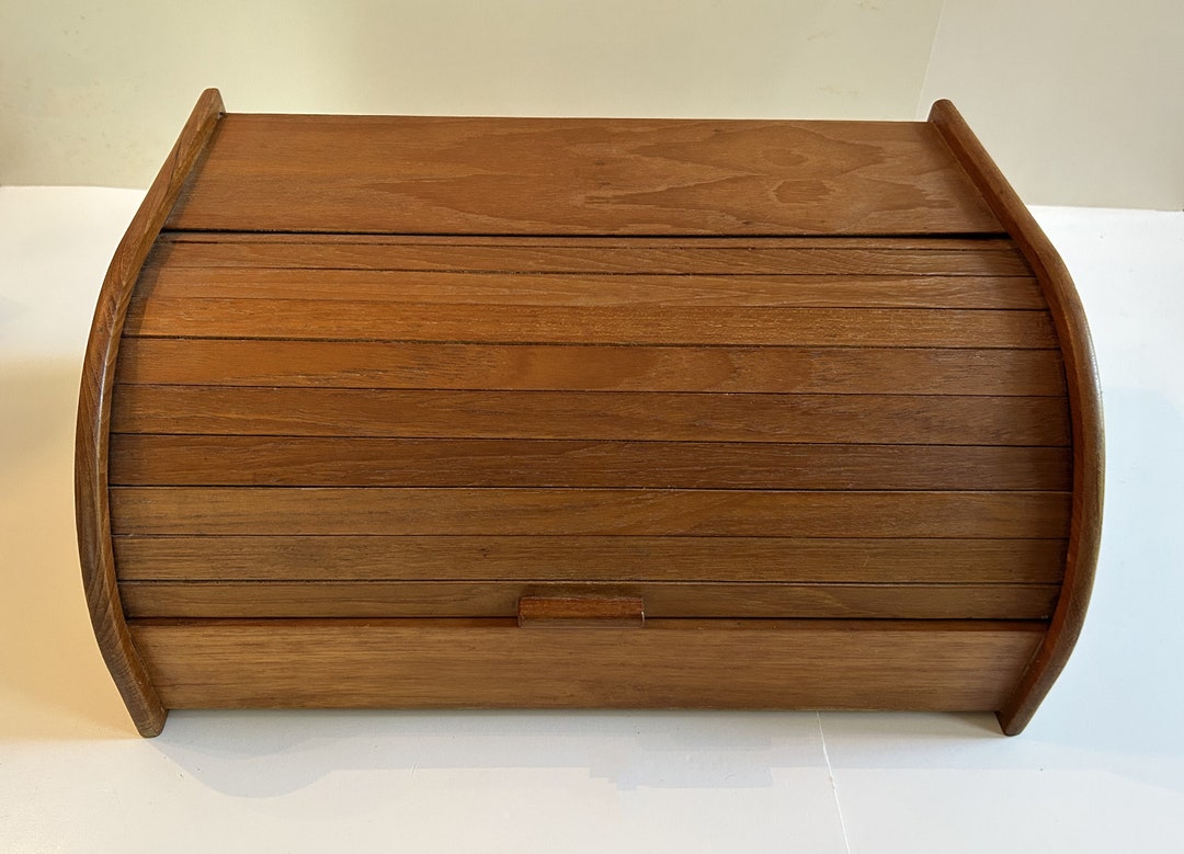Tambour Door Teak Bread Box Storage Etsy