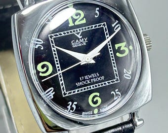 Vintage CAMY GENEVE Black Dial Black Strip, Hnd Winding Mechanical Movement Swiss Made