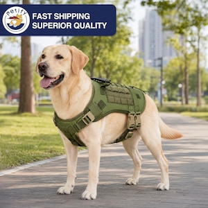 Puede incluir: Un Labrador Retriever dorado con un arnés táctico verde para perros con correas y hebillas ajustables. El arnés tiene un diseño modular con paneles de velcro. La imagen incluye el texto "FAST SHIPPING SUPERIOR QUALITY".
