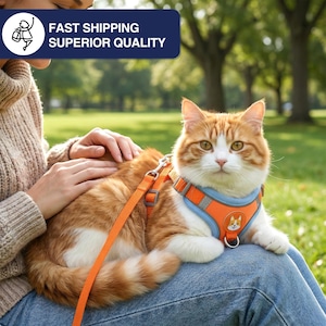 May include: An orange and white cat wearing an orange and blue harness with a matching leash. The harness has a reflective strip and a small dog graphic. The text "FAST SHIPPING SUPERIOR QUALITY" is in a blue rectangle.
