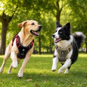 Puede incluir: Dos perros corriendo sobre hierba verde en un parque. Uno es un labrador dorado con un arnés negro y rojo. El otro es un Border Collie blanco y negro con un arnés verde. Los perros están en plena carrera, pareciendo felices.