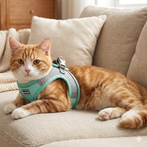 May include: An orange tabby cat wearing a teal and gray mesh harness with reflective trim. The cat is lying on a beige sofa, looking directly at the camera. The harness has adjustable straps and a buckle closure.