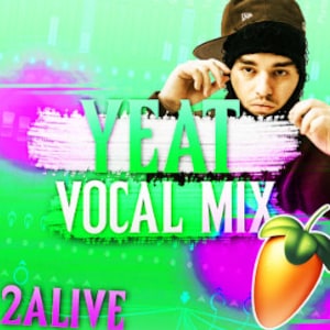 May include: A digital album cover with a green and purple background. The text "YEAT VOCAL MIX" is in white and the text "2 ALIVE" is in white with a green outline. A man wearing a black baseball cap is in the center of the image. The man is making a hand gesture with his right hand. The image also includes a logo for the music software FL Studio.