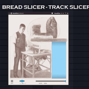 Puede incluir: Una ilustración vintage de una máquina para cortar pan. La máquina tiene un sistema de rieles y una persona la está operando. La imagen está en blanco y negro y tiene un tono sepia.
