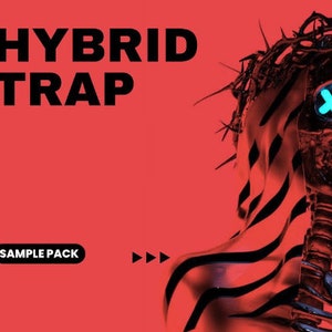 May include: A red background with black text that reads "HYBRID TRAP SAMPLE PACK". A black and silver skull with a crown of thorns and blue X's for eyes is on the right side of the image.