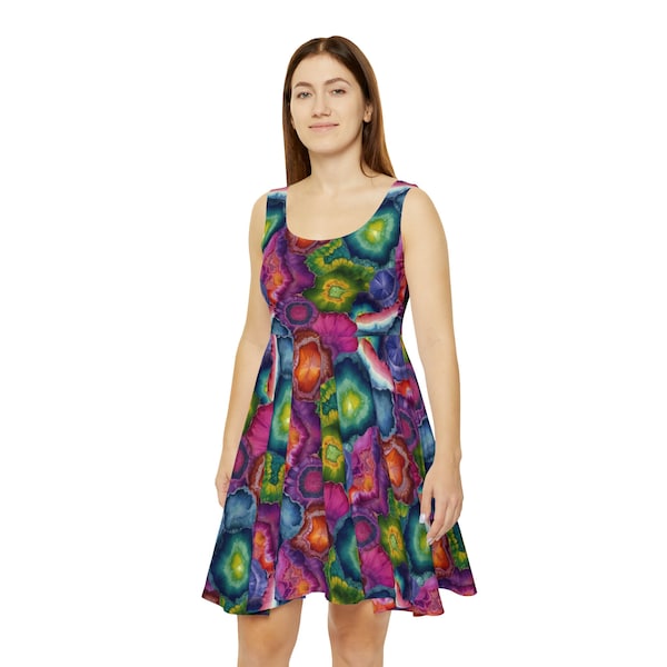 American Apparel Geode Tie Dye Dress, Rainbow Geode Tie Dye Tank Dress, Petite and Plus Size Flowy Summer Dress