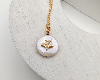 Natural pearl gold full star pendant with zircone, star necklace, pearl necklace, gold star, christmas gift, holiday gift, zircone star
