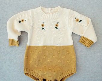 Baby Girls Embroidered Sunflower Knit Sweater Romper, Baby Girls Sweater Outfit, Baby Girls Knit Romper, Baby Girls Romper, Baby Shower Gift