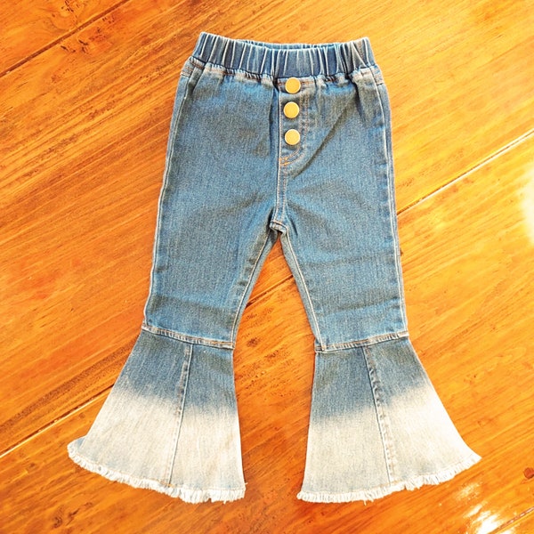 Toddler Girls Flared Blue Jeans Toddler Girls Bell Bottoms Hippie Jeans Retro Jeans Frayed Jeans Bleach Dip Stone Wash Jeans